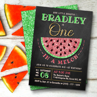 Eins in einem Melon Chalkboard 1. Geburtstag Einladung