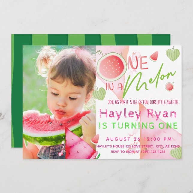 Eins in einem Melon-Foto 1. Geburtstag Einladung (Vorne/Hinten)