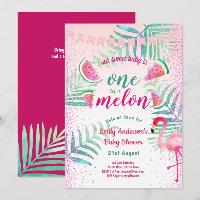 Eins in Melon Tropical Flamingo Watermelon Pink Einladung (Vorne/Hinten)