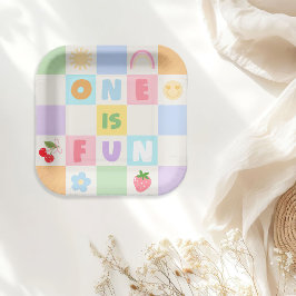 Eins ist Spaß Bunte Gingham Mädchen 1. Geburtstag Pappteller