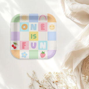 Eins ist Spaß Bunte Gingham Mädchen 1. Geburtstag Pappteller