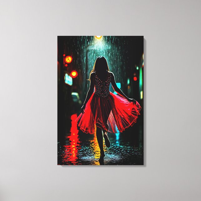 Einsame Anmut in Rot - Frau im Regen Leinwanddruck (Vorderseite)