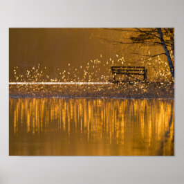 Einsame Bank am See im goldenen Licht Poster