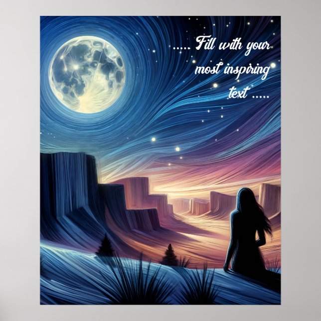 Einsame Frau sitzt beim Blick auf den Mond Poster (Vorne)