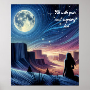 Einsame Frau sitzt und schaut auf den Mond Poster
