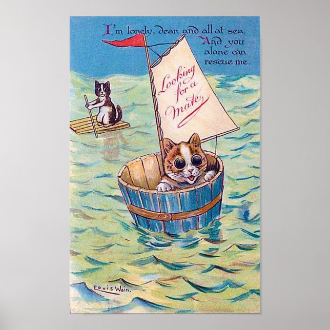 Einsame Katze auf See, Louis Wain Poster (Vorne)