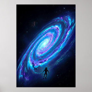 Einsamer Astronaut leuchtende kosmische Spiralgala Poster