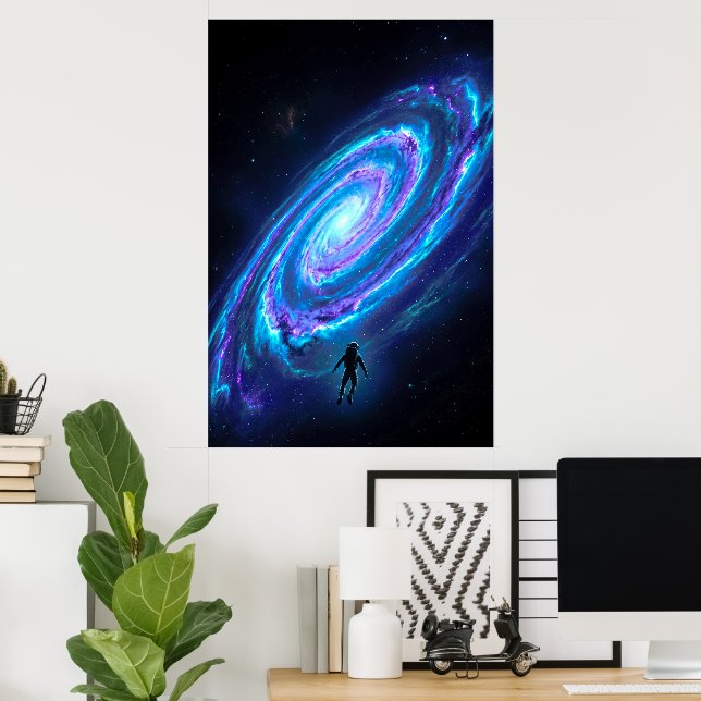 Einsamer Astronaut leuchtende kosmische Spiralgala Poster (Heimbüro)