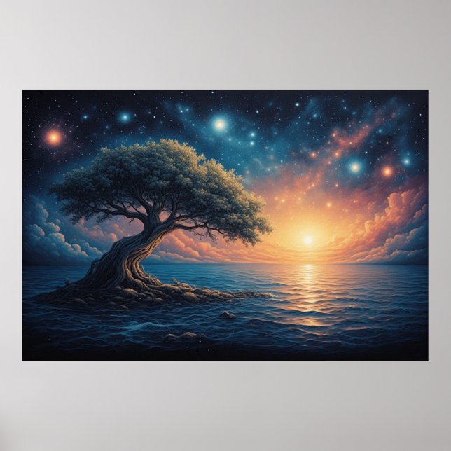Einsamer Baum am Ozean bei Sonnenuntergang 🌅 Ster Poster (Vorne)