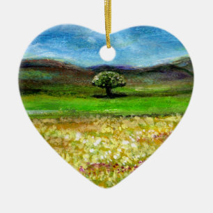 EINSAMER BAUM AUF DEM GELBEN BLUMENFELD, TUSKANIEN KERAMIK ORNAMENT
