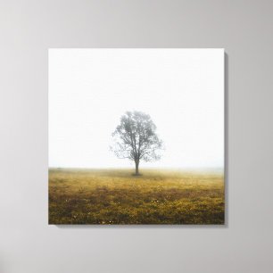 Einsamer Baum in einem nebeligen Herbstmorgen Leinwanddruck