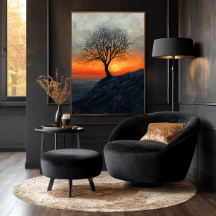 Einsamer Baum Sonnenuntergang in Kohle und warmen  Poster
