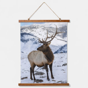Einsamer Bullenelk im Schnee Yellowstone-Nationa Wandteppich Mit Holzrahmen