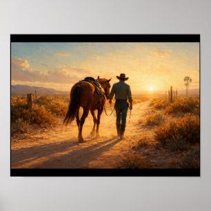 Einsamer Cowboy geht neben Pferd her Poster
