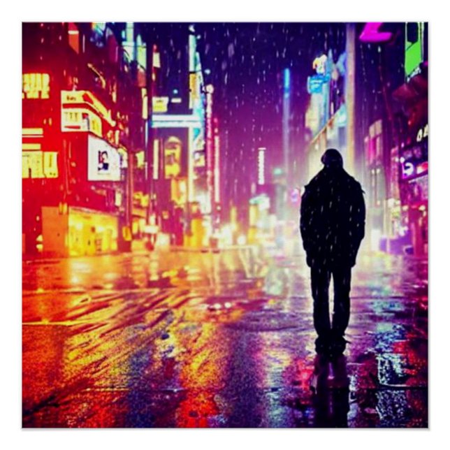 Einsamer Cyberpunk im regenglänzenden Poster (Vorderseite)