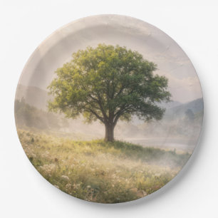 Einsamer grüner Baum im Nebel mit Sonnenstrahlen Pappteller