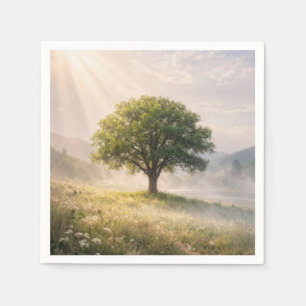 Einsamer grüner Baum im Nebel mit Sonnenstrahlen Serviette