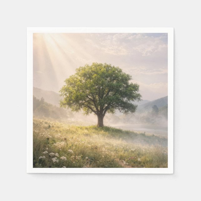 Einsamer grüner Baum im Nebel mit Sonnenstrahlen Serviette (Vorderseite)