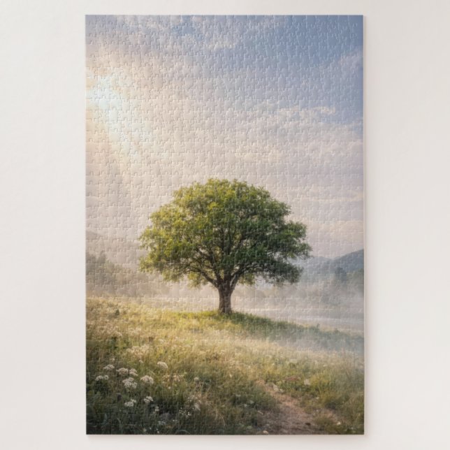 Einsamer grüner Baum mit Sonnenstrahlen Puzzle (Vertikal)