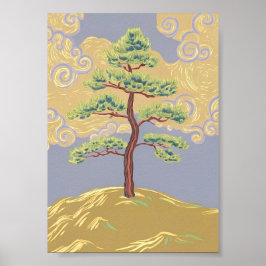 Einsamer Kiefernbaum auf nebligem Hang Kunstposter Poster