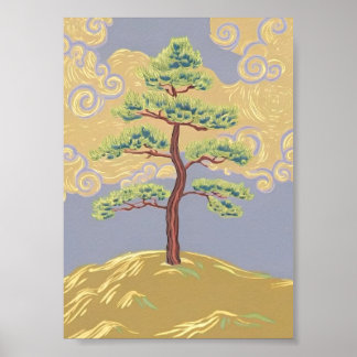 Einsamer Kiefernbaum auf nebligem Hang Kunstposter Poster