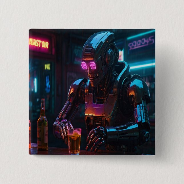 Einsamer Roboter bei Neon Bar - Cyberpunk-Emotiona Button (Vorderseite)