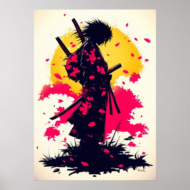 Einsamer Samurai unter fallenden Sakura Poster (Vorne)
