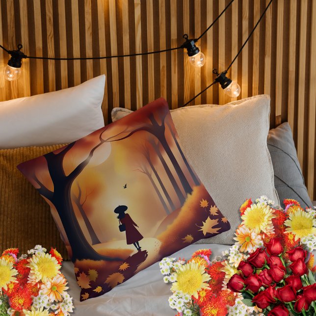 Einsamer Spaziergang, bewaldete Landschaft groß Kissen (Beautiful, autumn-colored pillow of a classy  woman taking a stroll through the park)
