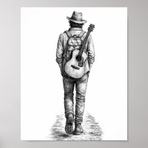 Einsamer Wanderer mit Gitarre Bleistiftskizze Wand Poster