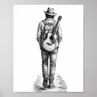 Einsamer Wanderer mit Gitarre Bleistiftskizze Wand Poster