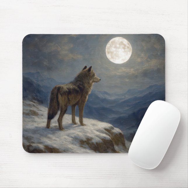 Einsamer Wolf auf einem Berggipfel im Mondlicht Mousepad (Mit Mouse)