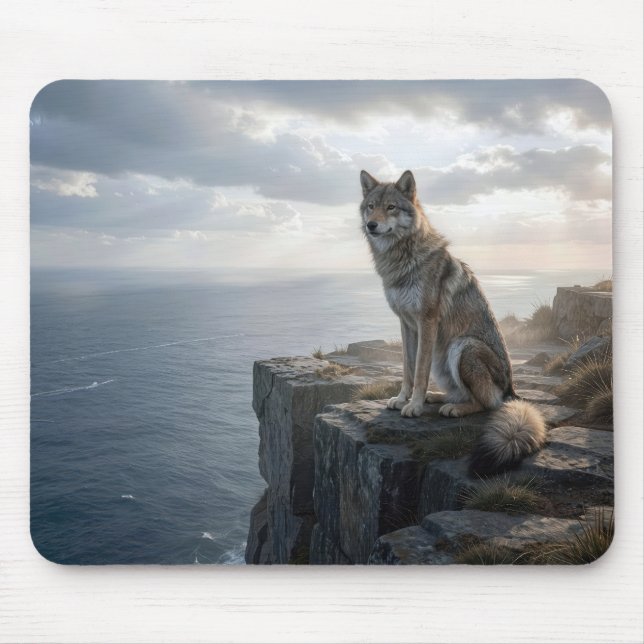 Einsamer Wolf auf einer felsigen Ozeanklippe Mousepad (Vorne)