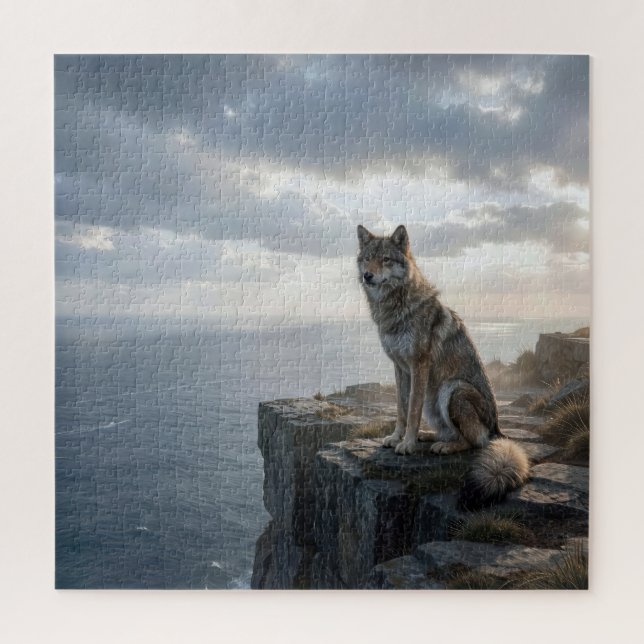 Einsamer Wolf sitzt auf einer felsigen Ozeanklippe Puzzle (Vertikal)