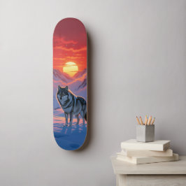 Einsamer Wolf steht gegen das Sunset Skateboard