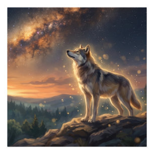 Einsamer Wolf unter dem sternenklaren Milchstraßen Fotodruck