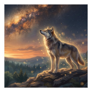 Einsamer Wolf unter dem sternenklaren Milchstraßen Fotodruck
