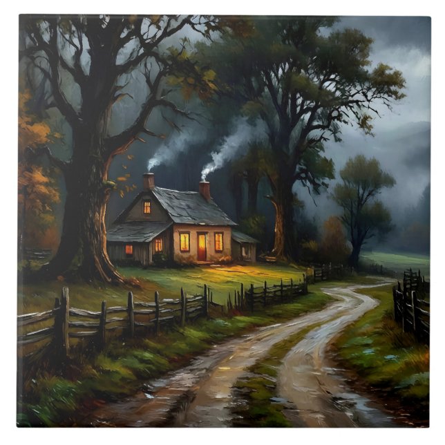 Einsames Bauernhaus im Herbst Fliese (Vorderseite)