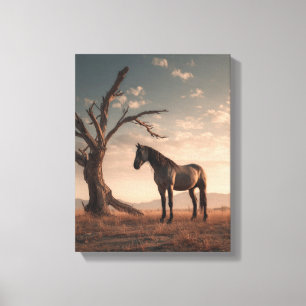 Einsames Pferd Wüstenbaum Sonnenuntergang Kunst Leinwanddruck