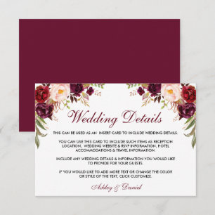 Einsteckkarte für Burgund-Floral-Hochzeitdetails Begleitkarte