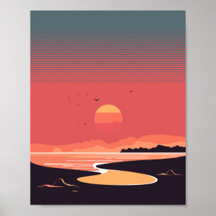 Einstellung der Sonne auf dem Retro-Stil der Küste Poster