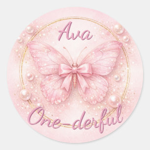 Eint-wunderbarer Rosa Schmetterling 1. Geburtstag Runder Aufkleber