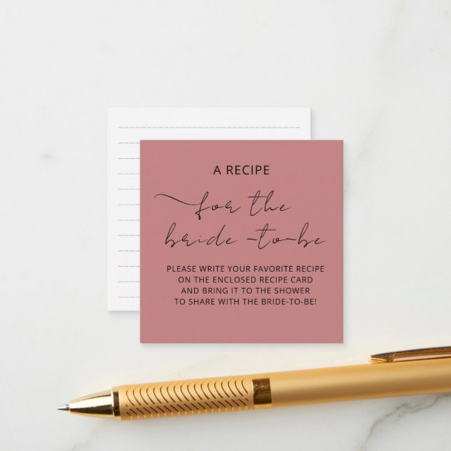 Eintrittskarte "A RECIPE" für die Brautdusche. Begleitkarte (Vorderseite/Rückseite Beispiel)