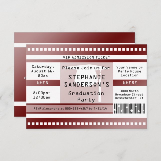 Eintrittskarte für den Abschluss oder das Party Einladung (Vorne/Hinten)