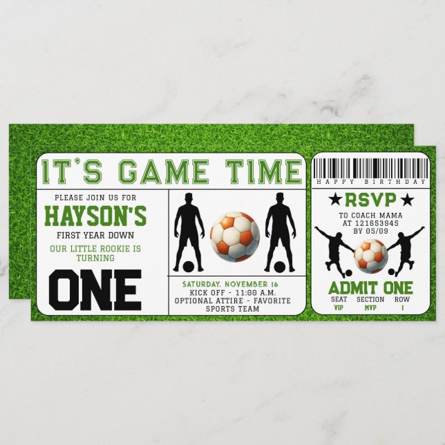 Eintrittskarte für Fußball 1. Geburtstag Einladung (Vorne/Hinten)