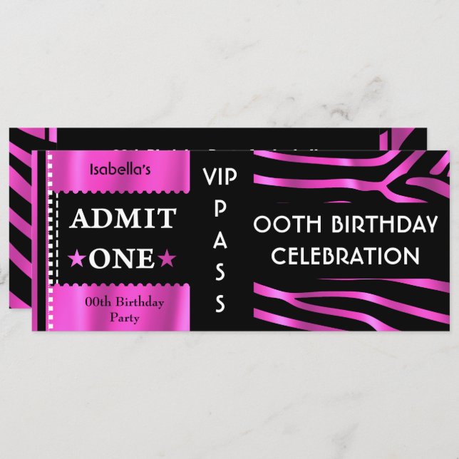 Eintrittskarte Geburtstagsparty Zebra Pink Black Einladung (Vorne/Hinten)