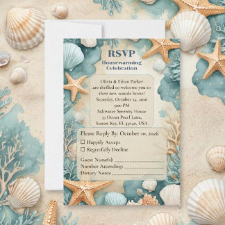 Einweihungsparty Strand Sandige Küste Muscheln RSVP Karte
