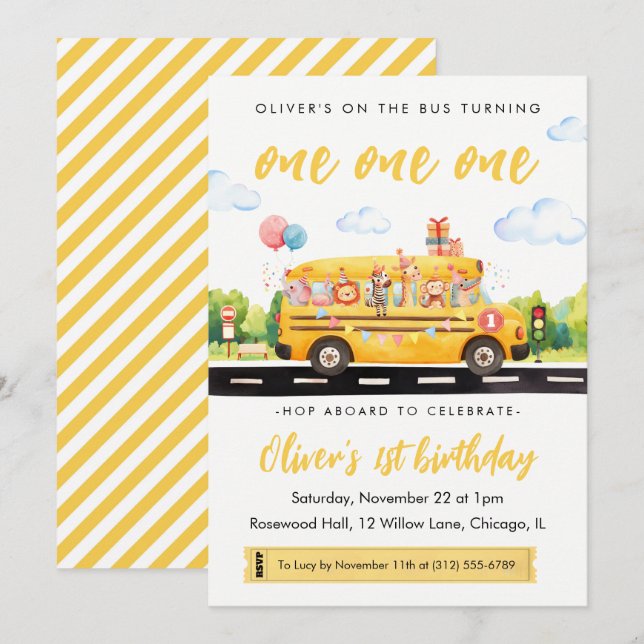 Einzel-Schulbus 1. Geburtstag Einladung (Vorne/Hinten)