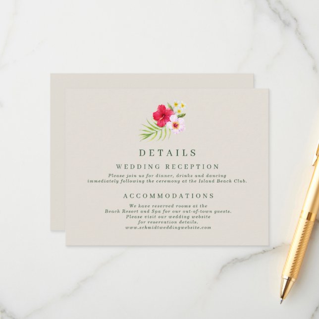 Einzelheiten zu den Hochzeiten am tropischen Stran Begleitkarte (Vorderseite/Rückseite Beispiel)