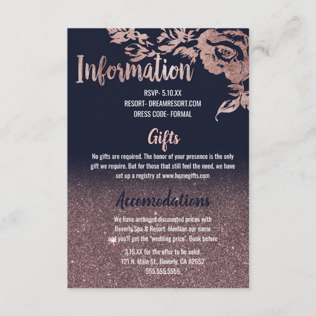 Einzelheiten zu Hochzeiten in Navy Blue Rose Gold  Begleitkarte (Vorderseite)