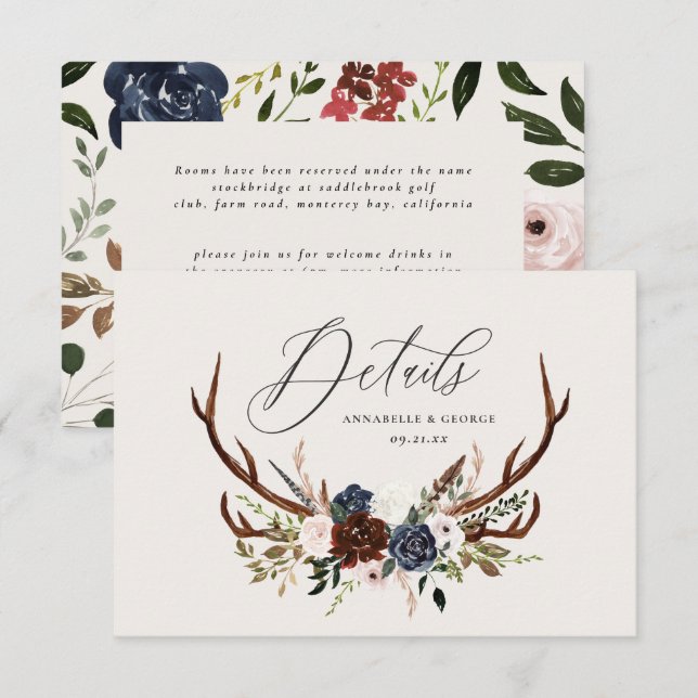 Einzelheiten zu rustikalem Blattwerk, Blumen und J Save The Date (Vorne/Hinten)